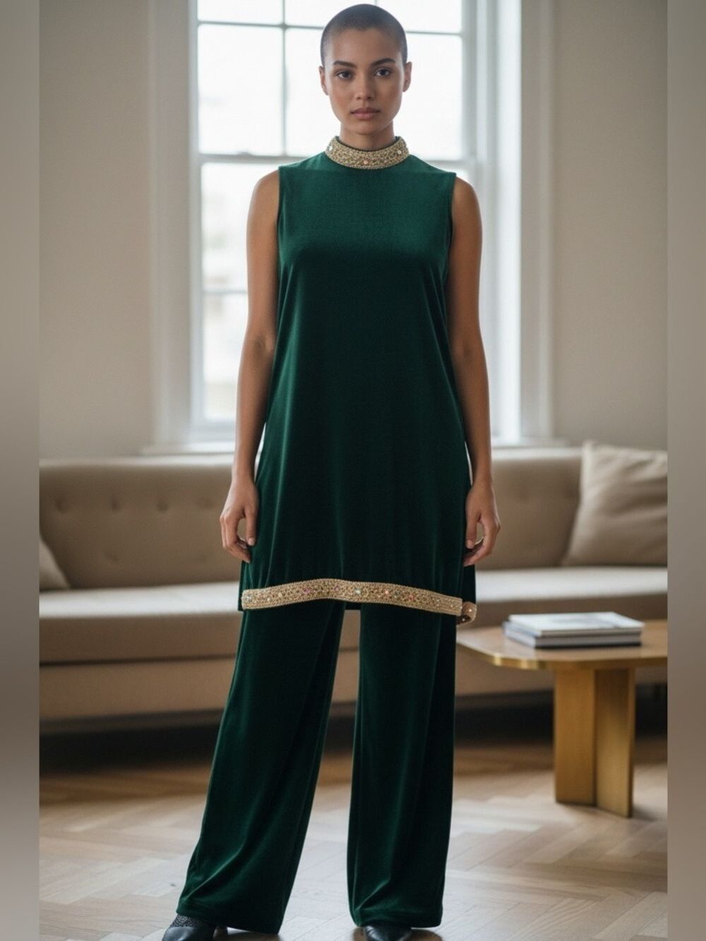 VTG 60s MALI YOUNG AFTER FIVE GREEN VELVET BEADED TUNIC & PALAZZO PANT SET SZ L